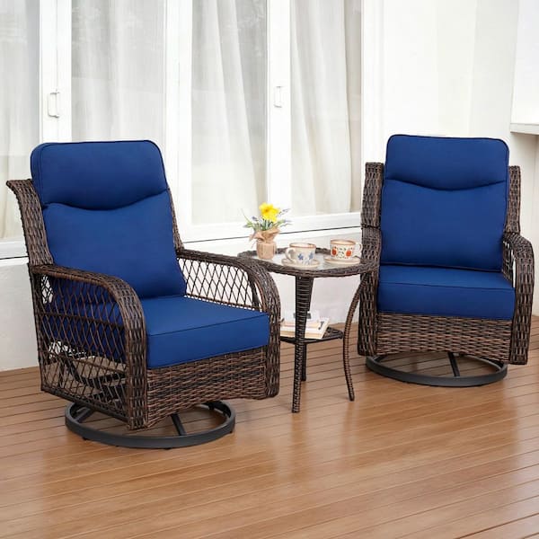 3-Piece Wicker Patio Conversation Set with 5 in. Thick Blue Cushions, High Back Outdoor Swivel Rocker Chairs Set