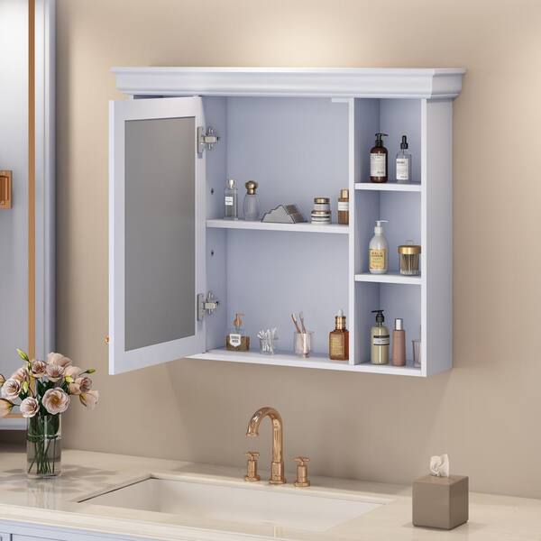 Tileon 35.50 in. W x 28.74 in. H Rectangular MDF Medicine Cabinet with Mirror, Storage Cabinet with 6 Open Shelves-Blue