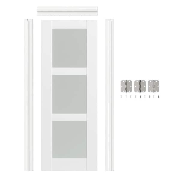 32 in. x 80 in. 3 Lite Frosted Glass Prehung Interior Door Left-Handed White MDF with Door Jamb and Hardware Kit