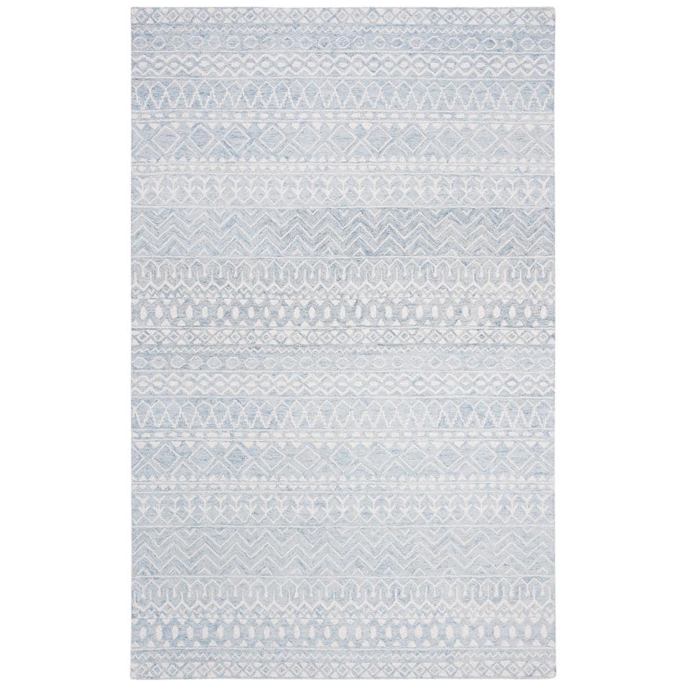 Hand-Tufted Aqua/Ivory Wool Rectangular Rug 5' x 8'