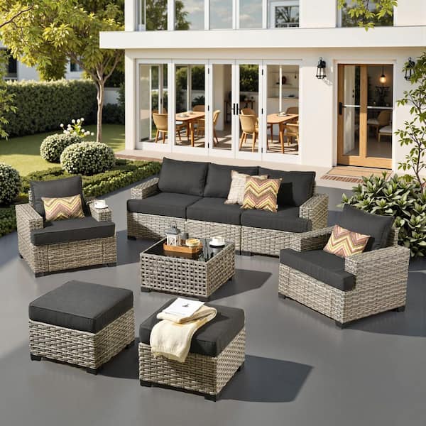 Caodoc Silvae Gray 8-Piece Wicker Outdoor Sectional Patio Conversation Sets with Single Chair & Black Cushion & Ottoman