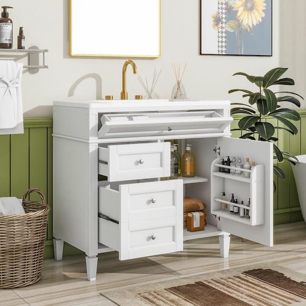 36 in. Single Sink White Bath Vanity with White Ceramic Top Bathroom Storage Cabinet with 3-Drawers Unassembled