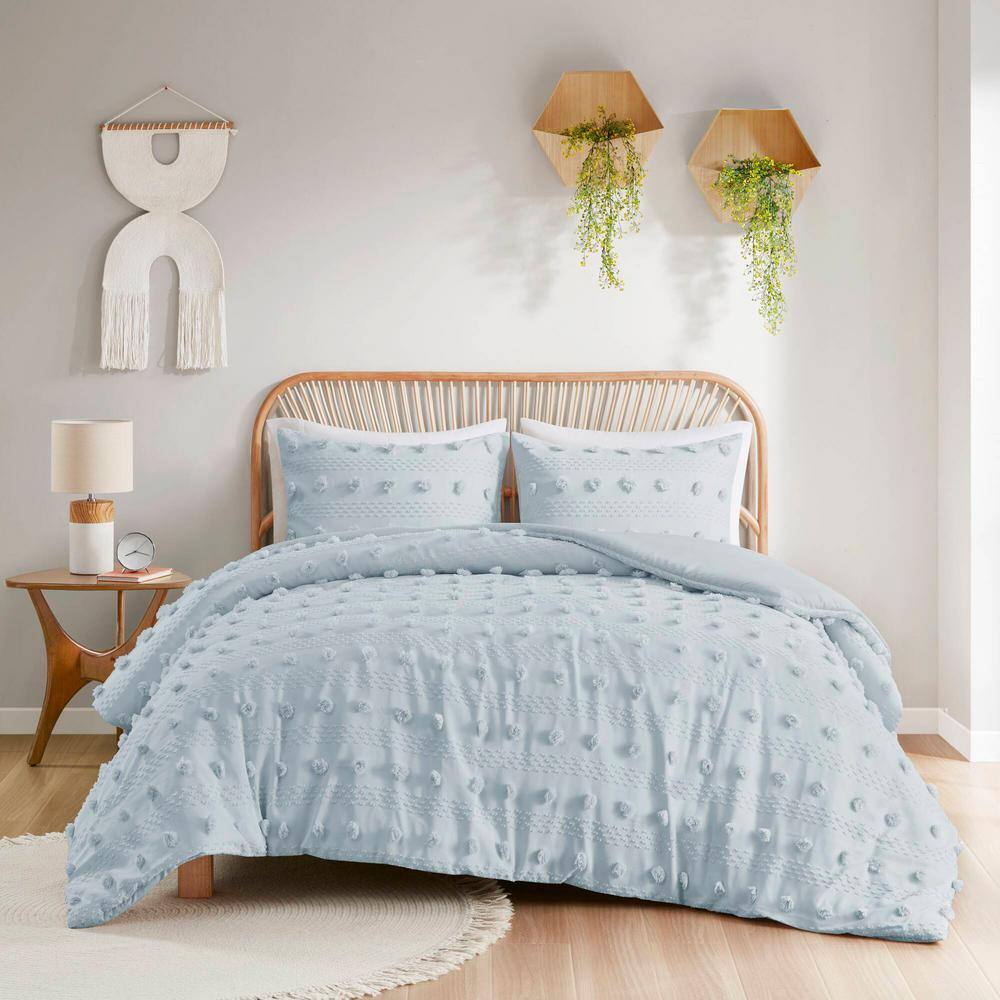 Blue Clip Jacquard Twin/Twin XL Duvet Cover Set with Pompom Accents