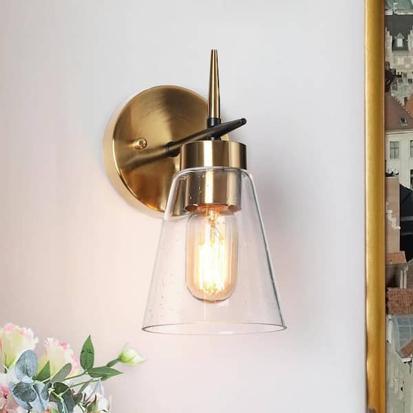 Modern Brass Gold Bathroom Wall Sconce, 1-Light Black Industrial Indoor Vanity Light