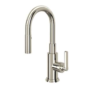 Lombardia Single Handle Pull Down Sprayer Kitchen Faucet with Secure Docking, Gooseneck in Polished Nickel