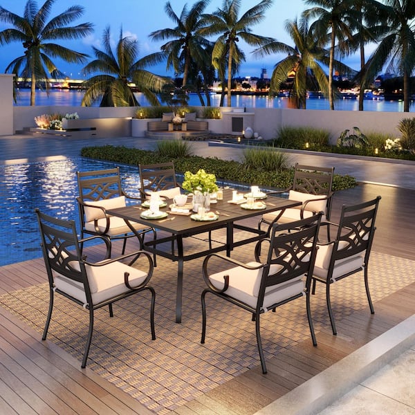 PHI VILLA 7-Piece Metal Outdoor Dining Set with Beige Cushions, Rectangle Dining Slat Table