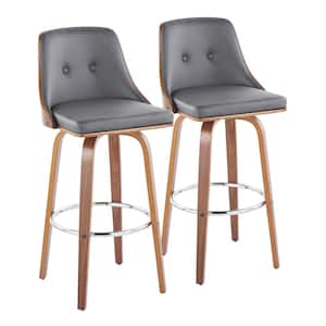 Gianna 29.5 in. Grey Faux Leather, Walnut Wood and Chrome Metal Fixed Height Bar Stool with Round Footrest (Set of 2)
