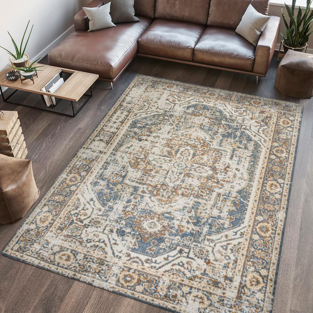 Blue and Cream Medallion Washable Synthetic 4' x 6' Rug