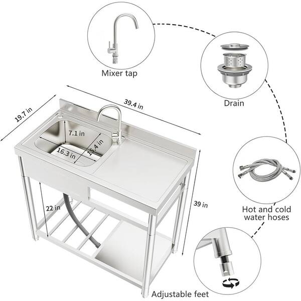 Adrinfly 20 in. D x 39 in. W Freestanding Utility Sink in Stainless Steel with Cold/Hot Water Faucet and Drain Kit (Right bowl)
