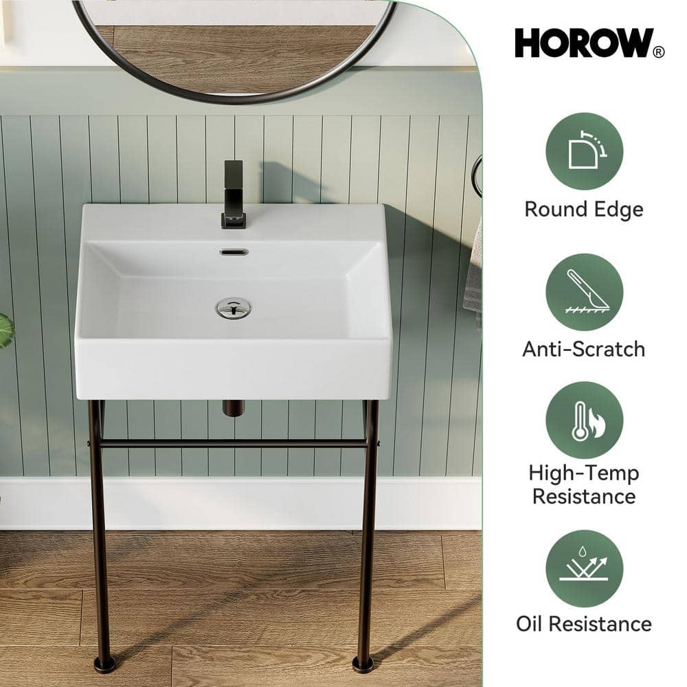 24" White Ceramic Wall-Mount Bathroom Console Sink with Black Legs