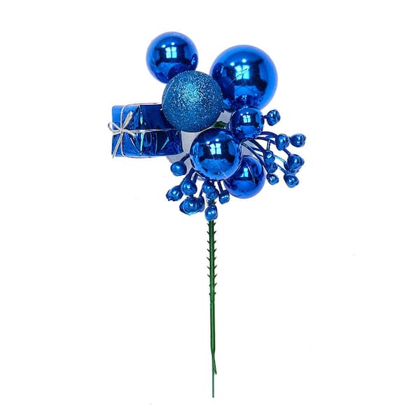 Blue Christmas Ball Gift Berry Ornament Pick (Set of 12)