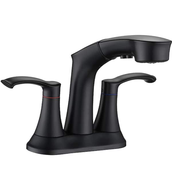 Magic Home 4 in. Centerset Pull Out Sprayer Faucet Double Handle High Arc Bathroom Faucet in Matte Black