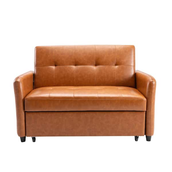 Unbranded Ridley 51.50 in. Wide Square Arm PU Leather Modern Straight Convertible Sleeper Bed in Brown