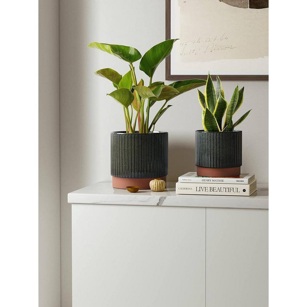 Reactive Glaze Black Ceramic Stripe Round Planter Set with Drainage Holes