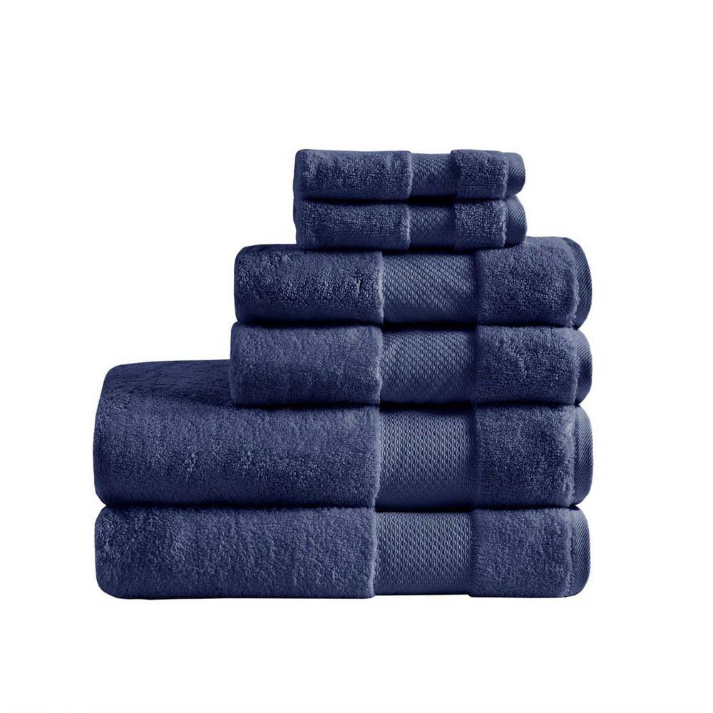 6-Piece Navy Cotton Towel Set, 2 Bath Towels, 2 Hand Towels, and 2 Wash Tow