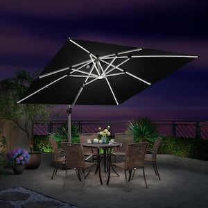 11 ft. Square Aluminum Solar Powered LED Patio Cantilever Offset Umbrella with Wheels Base, Black