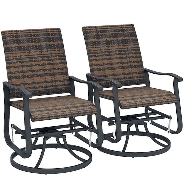 Patio Glider Chair Set of 2, Brown, Wicker Rattan Swivel Chair with Steel Frame Outdoor Glider