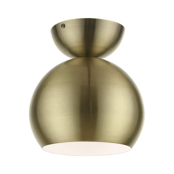 Hallshire 8 in. 1-Light Antique Brass Globe Semi-Flush Mount