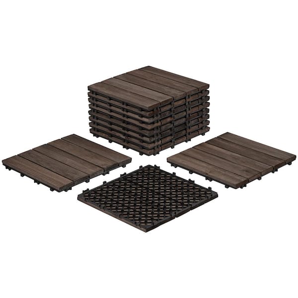 Fir Wood Patio Pavers Interlocking Wood Tiles Wooden Flooring Tiles Indoor/Outdoor for Patio Garden Pack of 11