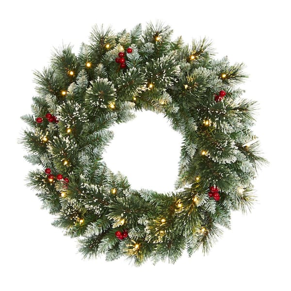 Nearly Natural 24 in. Pre-Lit Frosted Swiss Pine Artificial Wreath with 35 Clear LED Lights and Berries