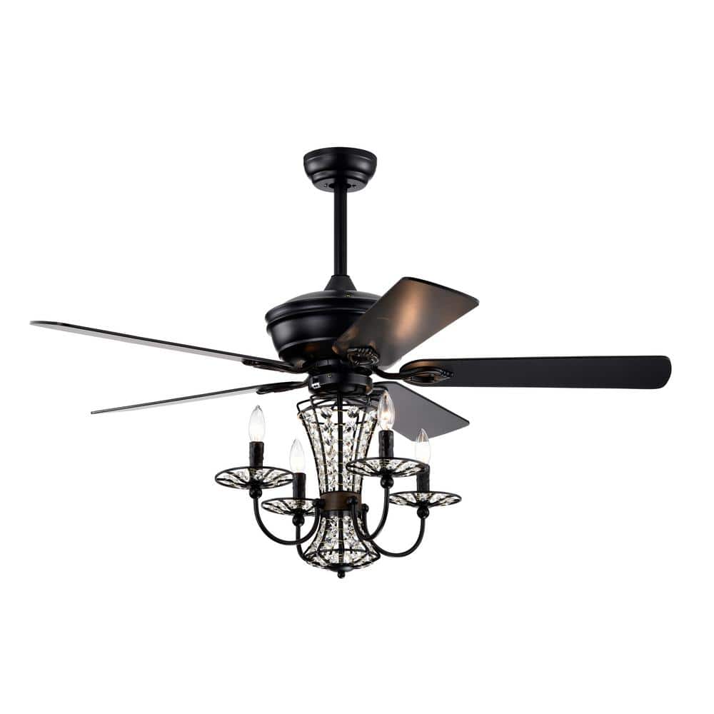 52 in. Indoor Matte Black Crystal Chandelier Fan with Lights and Remote Con