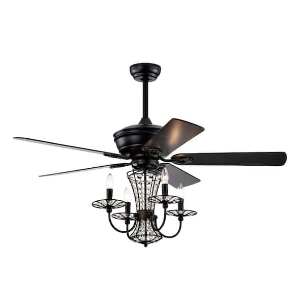 Jushua 52 in. Indoor Matte Black Crystal Chandelier Fan with Lights and Remote Control, Modern Ceiling Fan