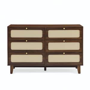 52 in. W x 15.75 in. D x 32.75 in. H Brown Natural Walnut Linen Cabinet with 6-Drawer, wooden antique dresser