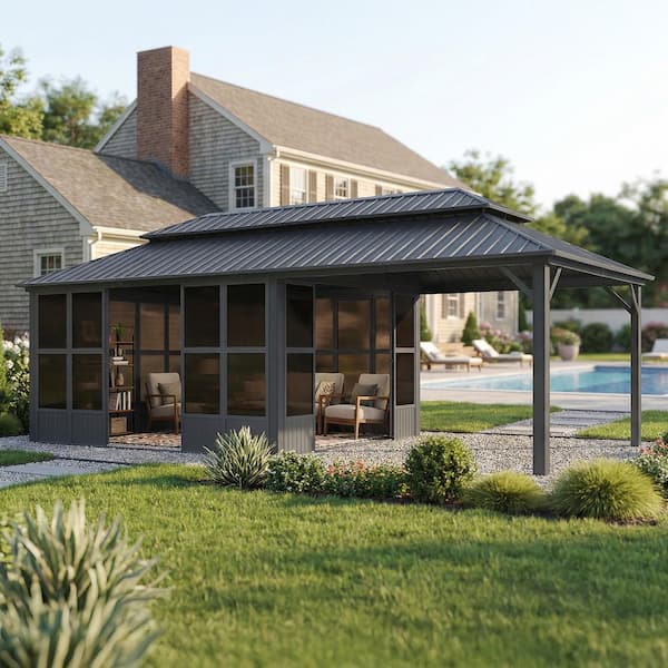 12 ft. x 24 ft. Sunroom Hardtop Gazebo Solarium Galvanized Steel Double Roof Aluminum Screen House Patio Backyard Gray