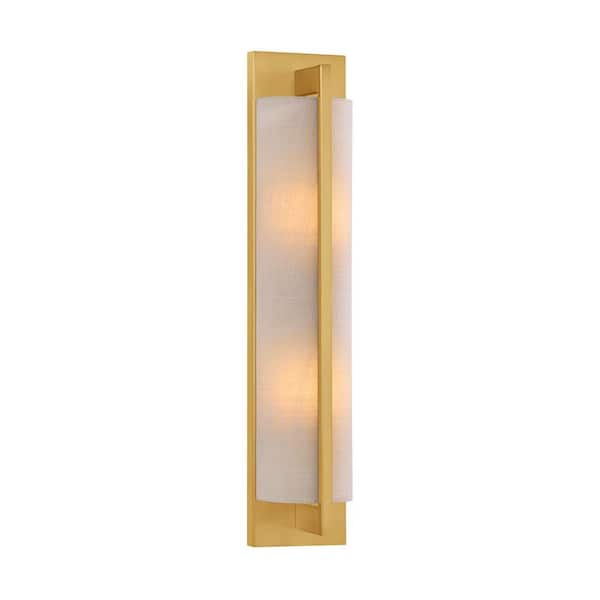 Savoy House Carver 4.5 in. 2-Light Warm Brass Wall Sconce with White Fabric Shade