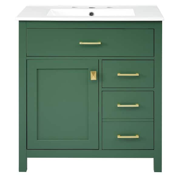 30 in. W x 18.3 in. D x 33.6 in. H Single Sink Freestanding Bath Vanity in Green with White Ceramic Top and Storage