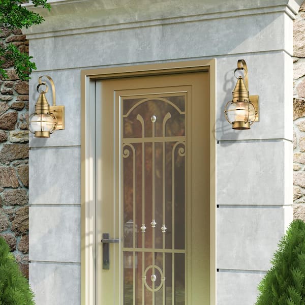 Hennington 13.75 in. 1-Light Antique Brass Outdoor Hardwired Wall Lantern Sconce with No Bulbs Included