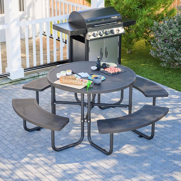 46 in. Black Round Steel Picnic Table Seats 4-8 People with Umbrella Hole