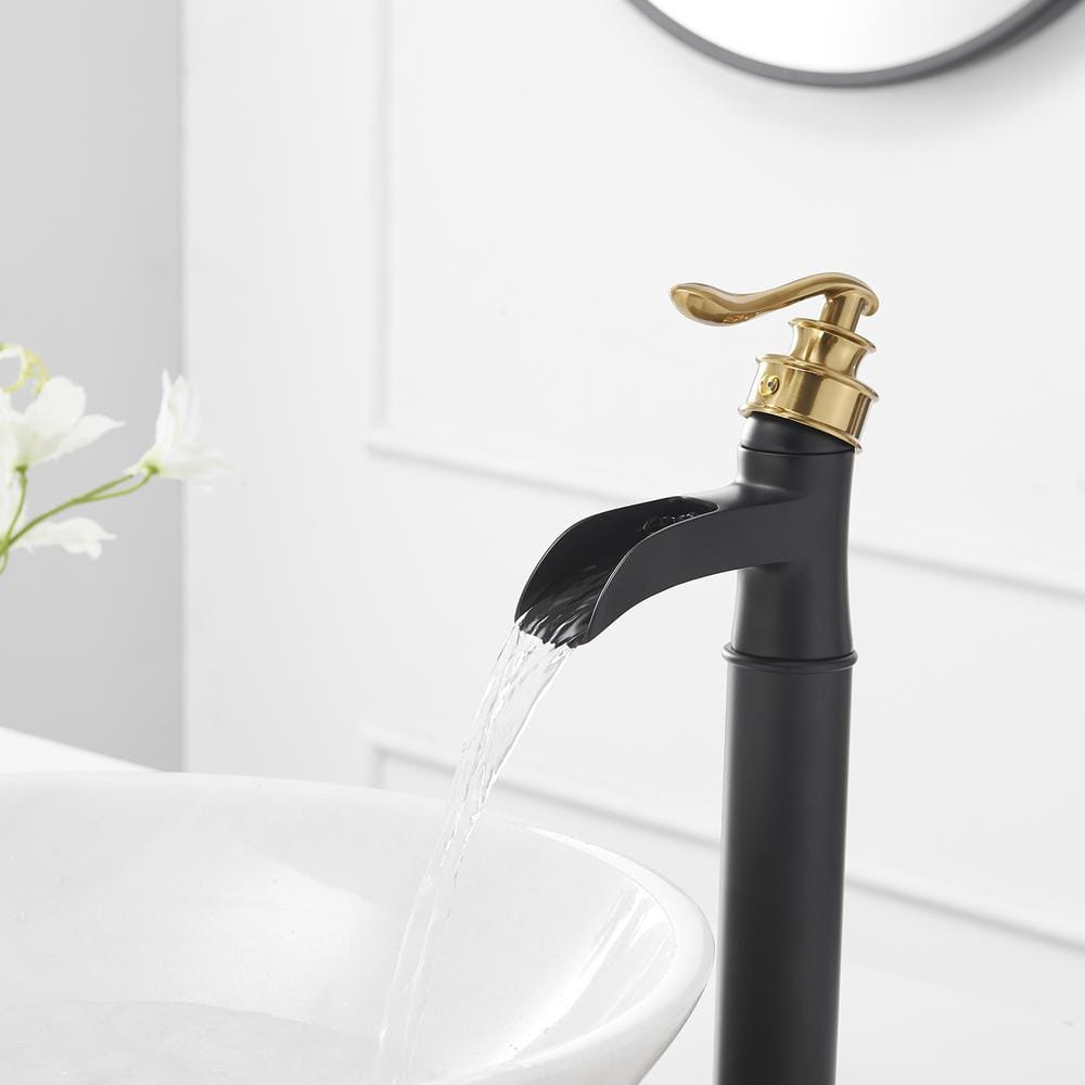 Gold and Matte Black Waterfall Vessel Sink Faucet with Lever Handle