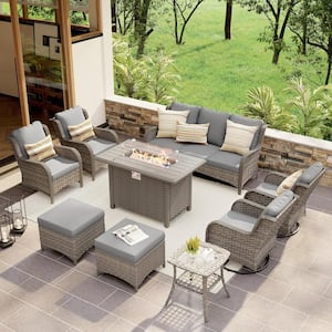 OC Orange Casual 9-Piece Grey Wicker Outdoor Conversation Set with Fire Pit Table, Swivel Patio Chair, Grey Cushions