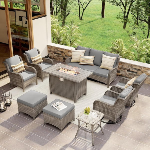 9-Piece Grey Wicker Outdoor Patio Conversation Sofa Set with Fire Pit Table, Swivel Rocking Chairs, Grey Cushions