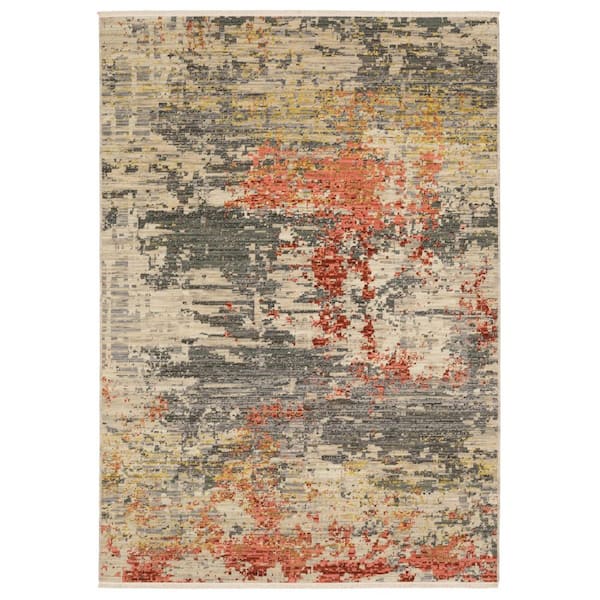 7' X 10' Beige And Pink Abstract Area Rug With Fringe