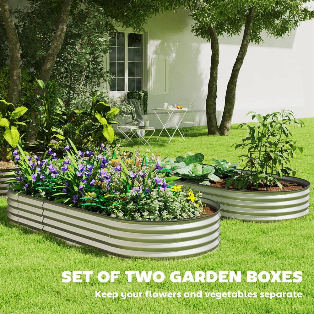 Silver Galvanized Steel Raised Garden Bed Set with Metal Plant Stakes