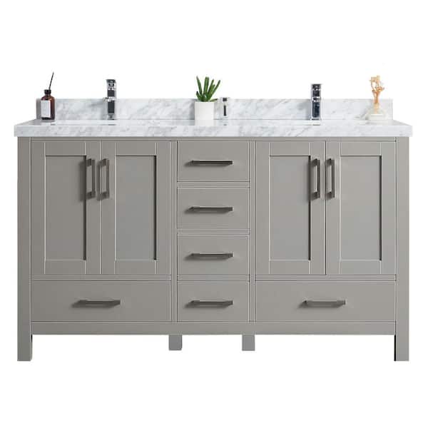 Willow Collections Malibu 60 in. W x 22 in. D x 36 in. H Double Sink Bath Vanity in Grey with 2 in. Carrara Marble Vanity Top