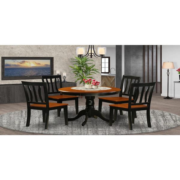East West Furniture 5-Piece Round Black Finish Solid Wood Top Dining table with 4 Chairs with Lattice Back