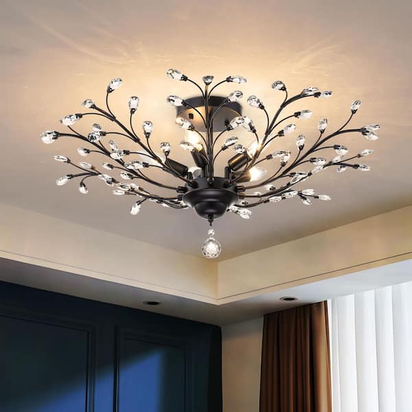 29.92 in. 5-Light Black Modern Farmhouse Crystal Branch Semi-Flush Mount Ceiling Light