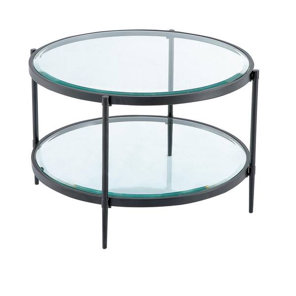 Boyel Living 33 in. Black Medium Round Glass Coffee Table with Storage Shelf