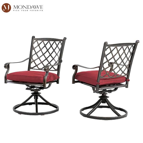 Mondawe Cast Aluminum Outdoor Dining Chair Diagonal-Mesh Backrest 360 Degrees Swivel Chairs with Red Cushions (Set of 2)