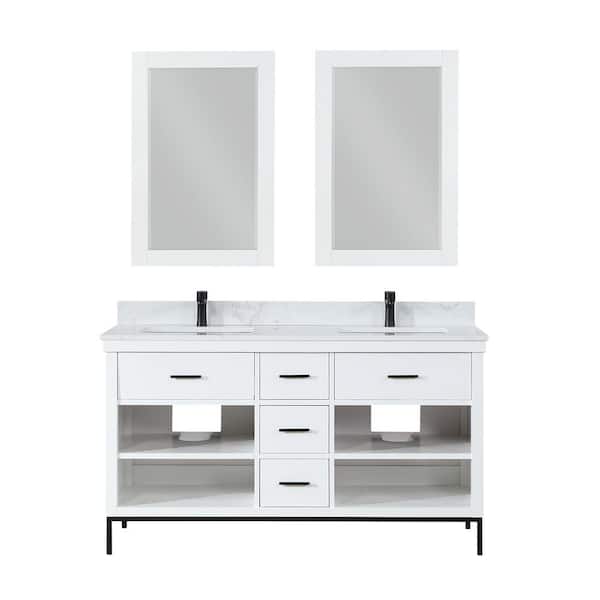 Altair Kesia 60 in. W x 22 in. D x 34 in. H Double Sink Bath Vanity in White with White Composite Stone Top and Mirror