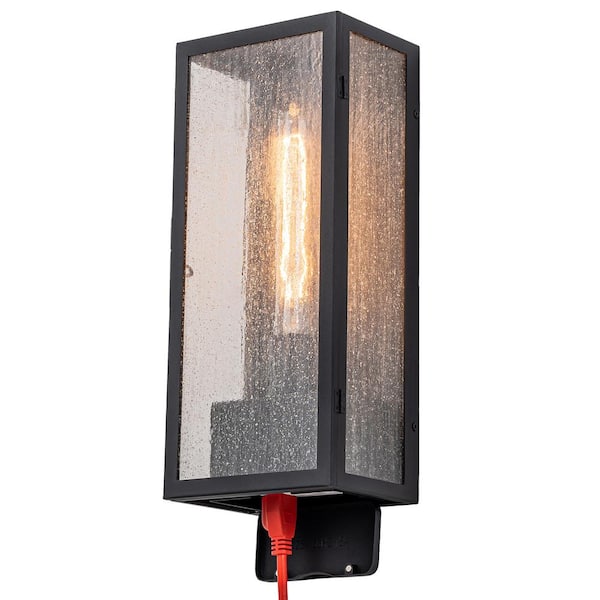 C Cattleya 1-Light 15 in. Black Outdoor Wall Lantern Sconce with Built-in GFCI Outlets and Seeded Glass Shade