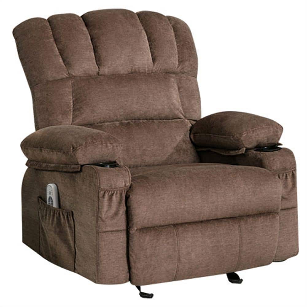 29 in. W Brown Fabric Recliner with Rocking, Remote Control, Tufted and Sto