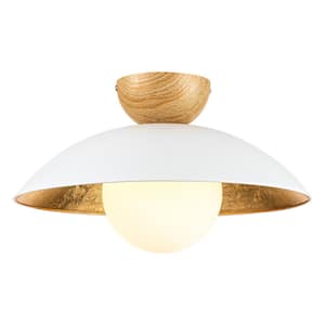 Paquette 14.5 in. 1-Light White/Gold Leaf Wood Dome Bowl Glass Bubble Flush Mount Light with Frosted Opal Glass Globe
