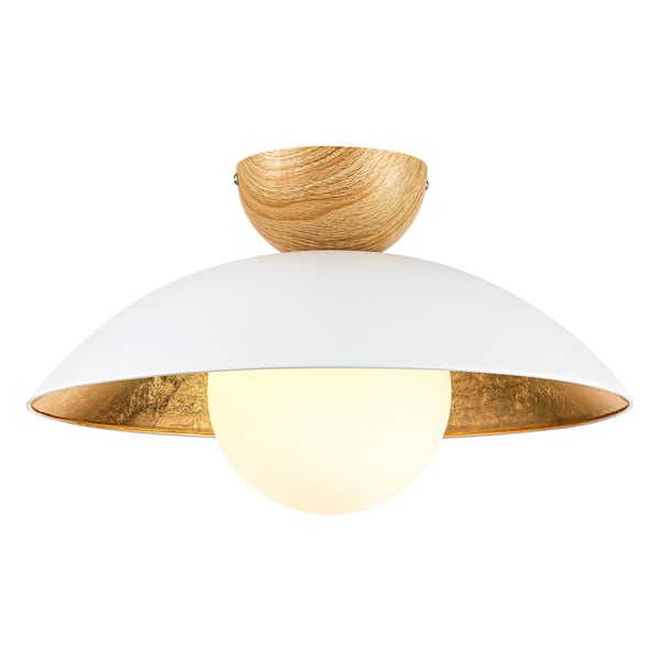 RRTYO Paquette 14.5 in. 1-Light White/Gold Leaf Wood Dome Bowl Glass Bubble Flush Mount Light with Frosted Opal Glass Globe