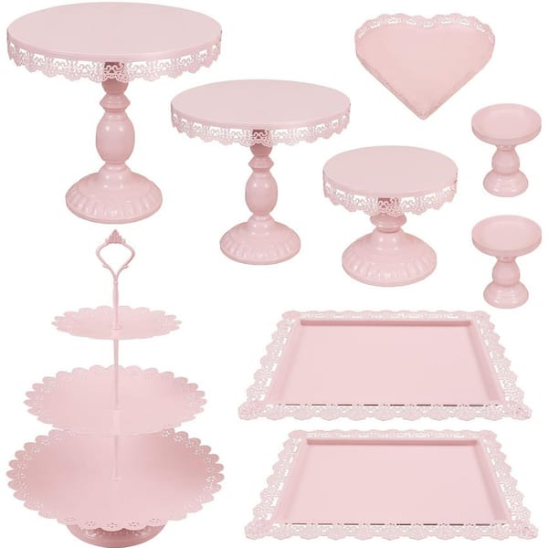 60 fl. oz. Pink Metal Cake Stand for Dessert Display, Serving Tray for Party Wedding Baby Shower (Set of 9)