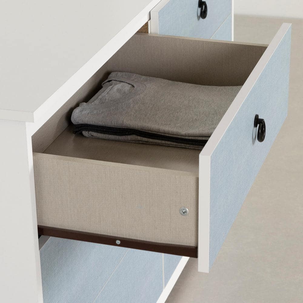 White and Blue Double 6-Drawer Dresser with Metal Handles