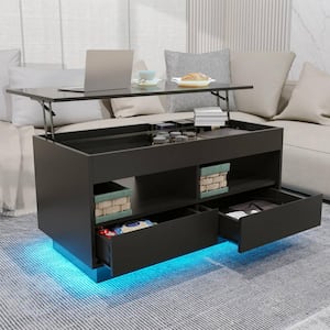 40.16 in. Black Rectangle Particle Board Lift Top Coffee Table with RGB LED Light and Hidden Compartment